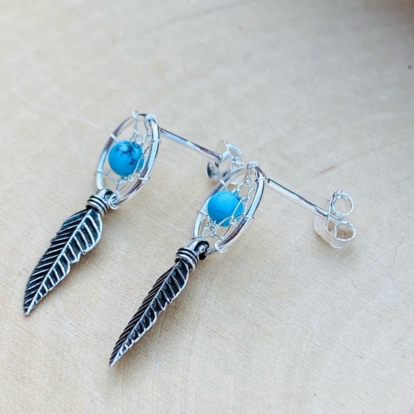 Dream Catcher Solid Sterling Silver Stud earrings bohemian style - Picture 7 of 8